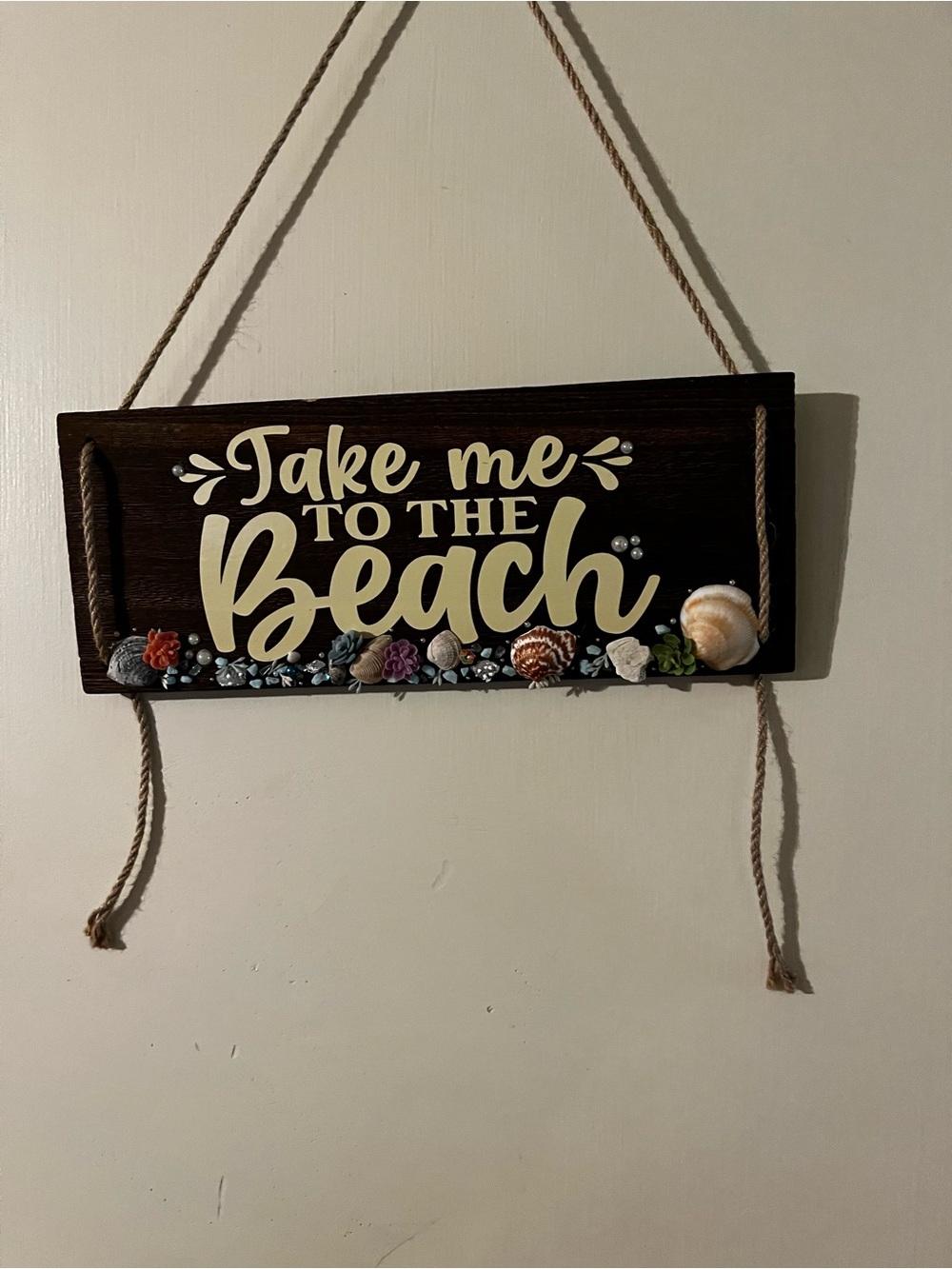 Take Me to the Beach Wall Sign - Cream Text on Dark Wood